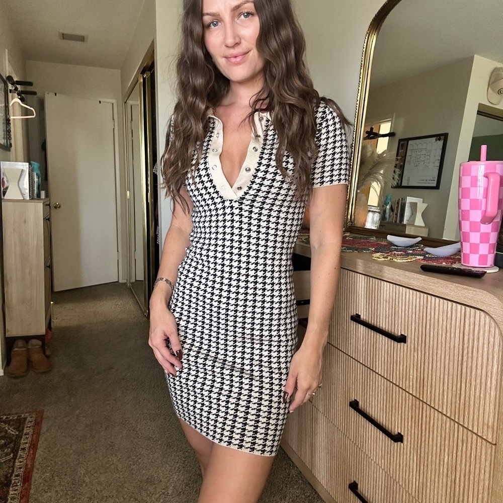 Houndstooth Knit Polo Mini Dress S